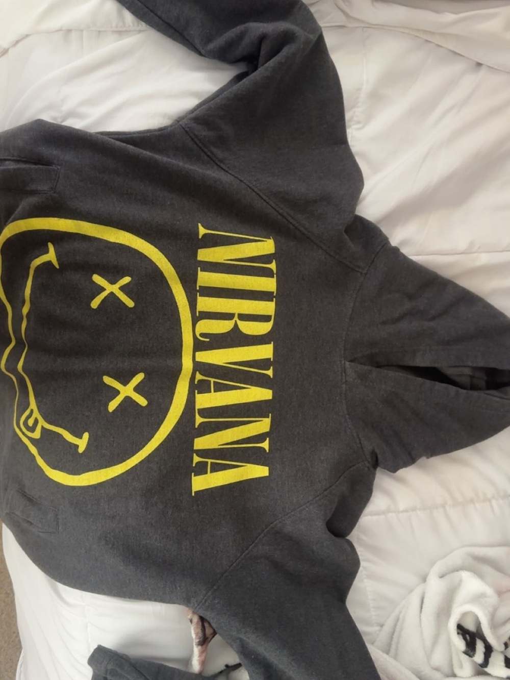 NIRVANA Dark Gray Pullover Hoodie with Yellow Smiley Graphic